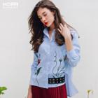 Flower Embroidered Side Slit Shirt