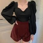 Long-sleeve V-neck Top / Wide-leg Shorts