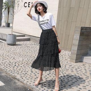 Set: Short-sleeve Letter T-shirt + Patterned Chiffon Midi Tiered Skirt