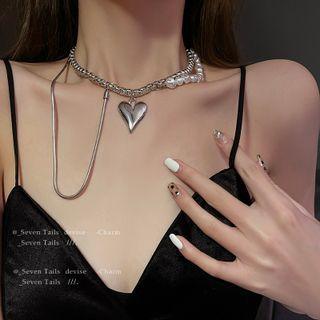 Layered Faux Pearl Heart Pendant Necklace Silver - One Size