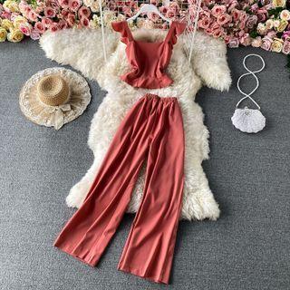 Set: Ruffle Crop Tank Top + Plain High Waist Straight Leg Pants