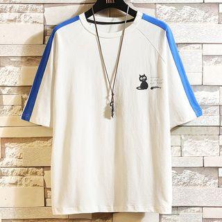 Elbow-sleeve Contrast Trim Cat Print T-shirt