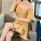 Off Shoulder Ruffle Hem Short-sleeve A-line Dress