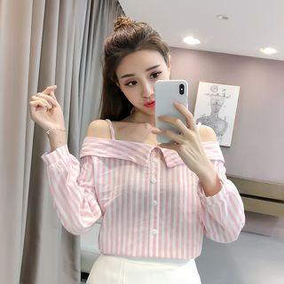 Off-shoulder Spaghetti Strap Pinstripe Long-sleeve Blouse