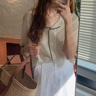 Short-sleeve Contrast Trim Cardigan / High-waist Plain Skirt