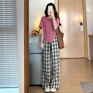 Short-sleeve Asymmetrical T-shirt / Plaid Wide Leg Pants / Set