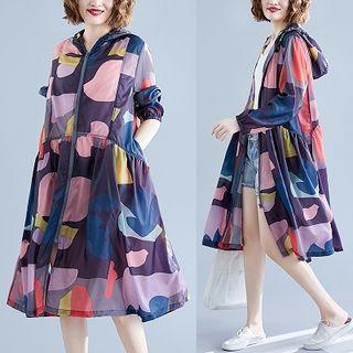 Patterned Long Zip Hooded Jacket As Shown In Figure - One Size
