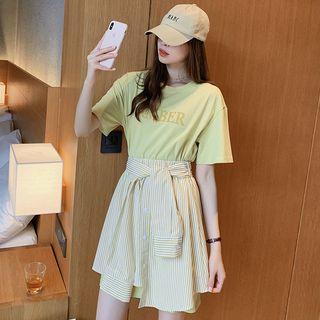 Set: Lettering Short-sleeve T-shirt Dress + Striped Tie Waist A-line Skirt