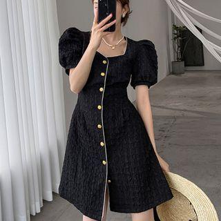 Short-sleeve Square-neck Button-up A-line Dress