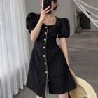 Short-sleeve Square-neck Button-up A-line Dress