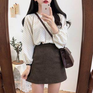 Set: Long-sleeve Dotted Shirt + Mini A-line Skirt