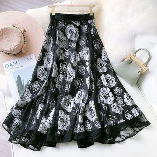 Floral Print Mesh Midi A-line Skirt
