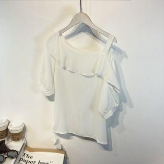 Plain Off-shoulder Elbow-sleeve Chiffon Top