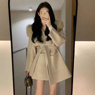 Fluffy Trim Hooded Sashed Coat Almond - One Size