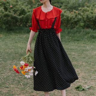 Set: Chiffon Elbow-sleeve Blouse + Dotted Midi Suspender Skirt