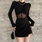 Long-sleeve Mesh Panel Top / Mini Pencil Skirt