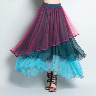 Two-way Maxi Layered Skirt Purple & Green & Blue - One Size