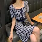 Short-sleeve Patterned Knit Mini A-line Dress
