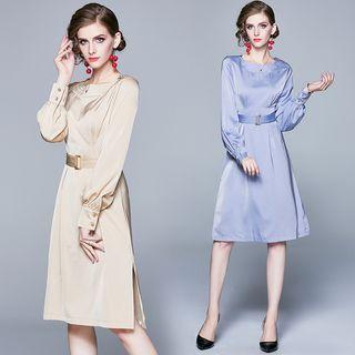 Long-sleeve Buckled Satin A-line Dress