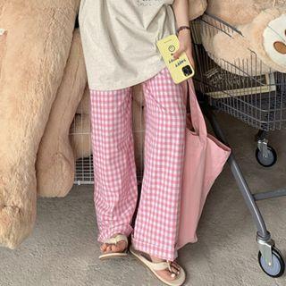 Elbow-sleeve Print T-shirt / Gingham Wide Leg Pants