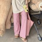 Elbow-sleeve Print T-shirt / Gingham Wide Leg Pants