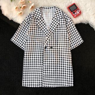 Elbow-sleeve Double-breasted Houndstooth Jacket
