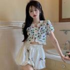 Short-sleeve Button-up Floral Cropped Blouse / Bow-accent Bloomers Shorts