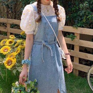 Denim Slit Overall Dress / Short-sleeve Top