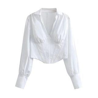 Long-sleeve Deep V-neck Cropped Overhead Shirt