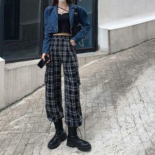 Cropped Denim Jacket / Plaid Drawstring-cuff Wide-leg Pants