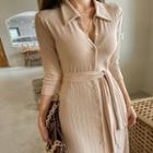 3/4-sleeve Ribbed Dress With Sash