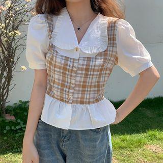 Short-sleeve Peter Pan Collar Plaid Panel Shirt