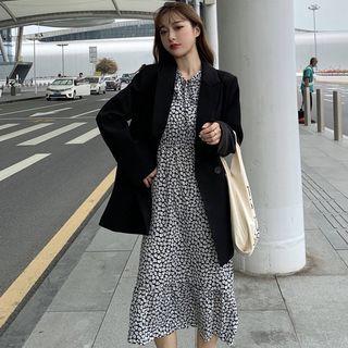 Double-breasted Blazer / Puff-sleeve Floral Print Midi A-line Dress