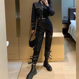Buckled-cuff Cropped Zip Jacket / Buckled Cargo Pants / Set