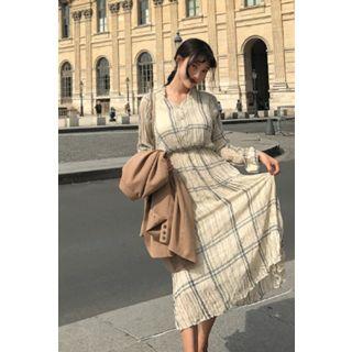 Half-placket Checked Midi Dress