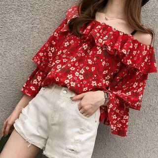 Floral Off-shoulder 3/4-sleeve Blouse