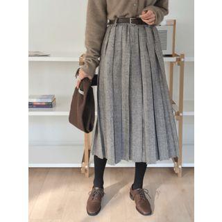 Pleated Wool Blend Plaid Midi Skirt