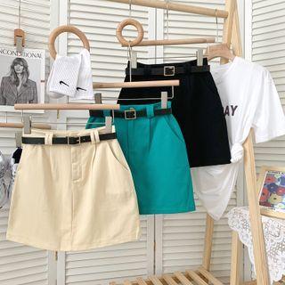 Plain High-waist Mini Skirt With Belt