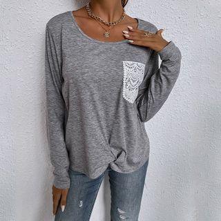 Long-sleeve Lace Pocket T-shirt