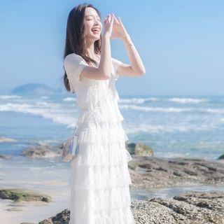 Short-sleeve Midi A-line Tiered Dress
