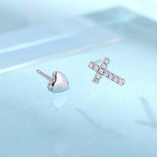 925 Sterling Silver Heart & Cross Rhinestone Stud Earrings 1 Pair - As Shown In Figure - One Size