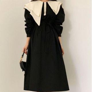 Long-sleeve Asymmetric Contrast Peter Pan Collar Dress