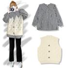 Collared Plaid Blouse / Pointelle Knit Buttoned Vest