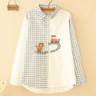 Cat Embroidered Plaid Panel Shirt