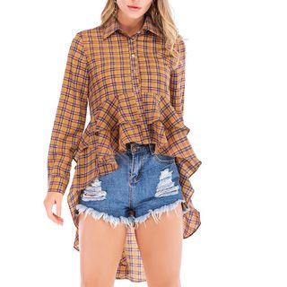 Ruffled High-low Plaid Shirt
