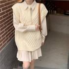 Long-sleeve Plain Mini Shirtdress / Chunky Knit Sweater Vest