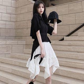 Set: Lace-up Back Short-sleeve T-shirt + Asymmetric Hem A-line Skirt