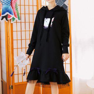 Cat Print Ear-accent Hooded Dress As Shown As Figure - One Size