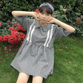 Frill Trim Gingham Elbow Sleeve Collared Dress