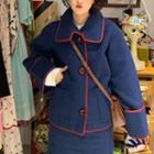 Contrast Trim Woolen Coat / High-waist Skirt
